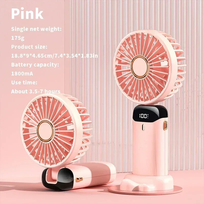 Portable Handheld Mini Fan 3000mAh Foldable Neck Hanging Fans 5 Speed Adjust USB Charge Fan with Phone Stand and Display Screen Oasis Select Pink