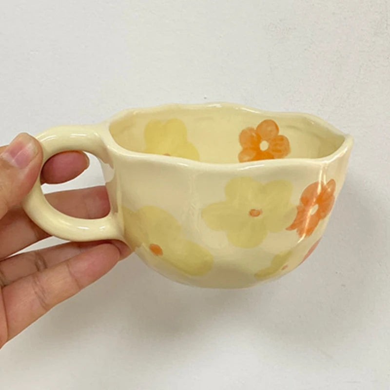 Ceramic Mugs Irregular Flower Coffee Milk Yellow Hand Pinched Cups Cute Korean Style Oat Breakfast Juice Black Tea Kawaii Cup Oasis Select Orange flower 201-300ml