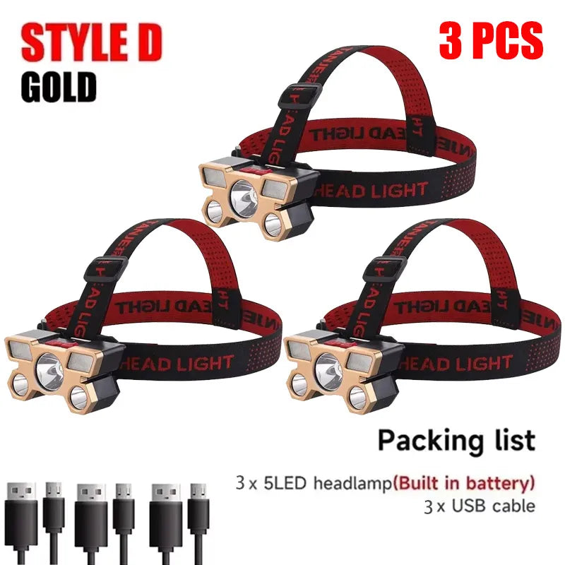 Usb Rechargeable 5 Led Headlamp Super Bright Head-Mounted Strong Flashlight Built-in Battery Outdoor Camping Night Fishing Lamp Oasis Select T21 Style D 3 pack