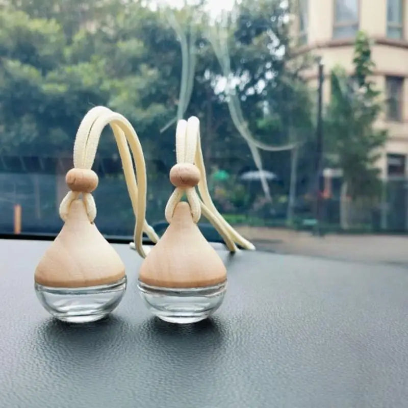 2Pcs Empty Glass Essential Oil Vial With Wooden Cap Car Hanging Perfume Diffuser Bottle For Auto Rearview Mirror Decoration Oasis Select