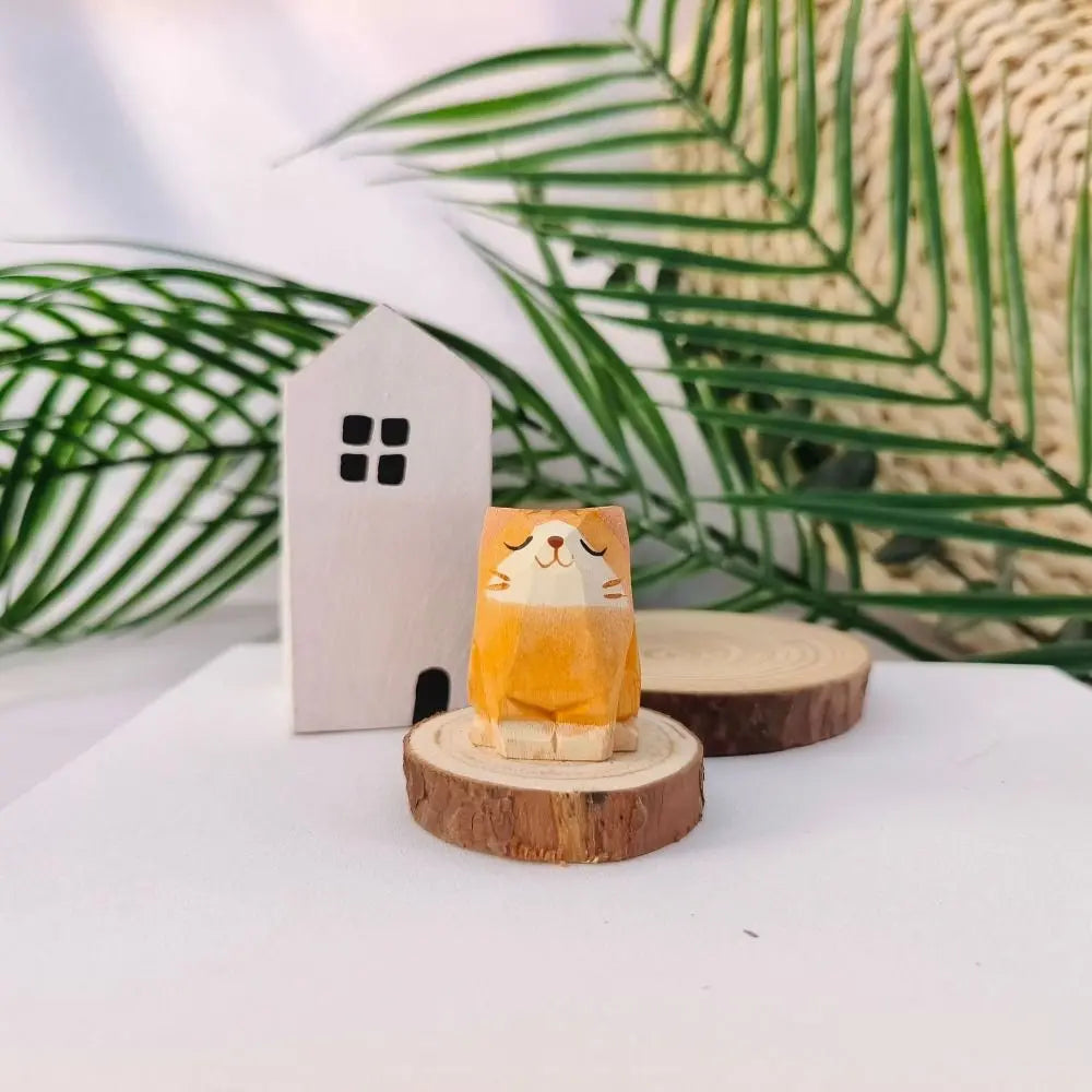 Mini Wooden Cat & Dog Figurine | Cute Painted Animal Statue