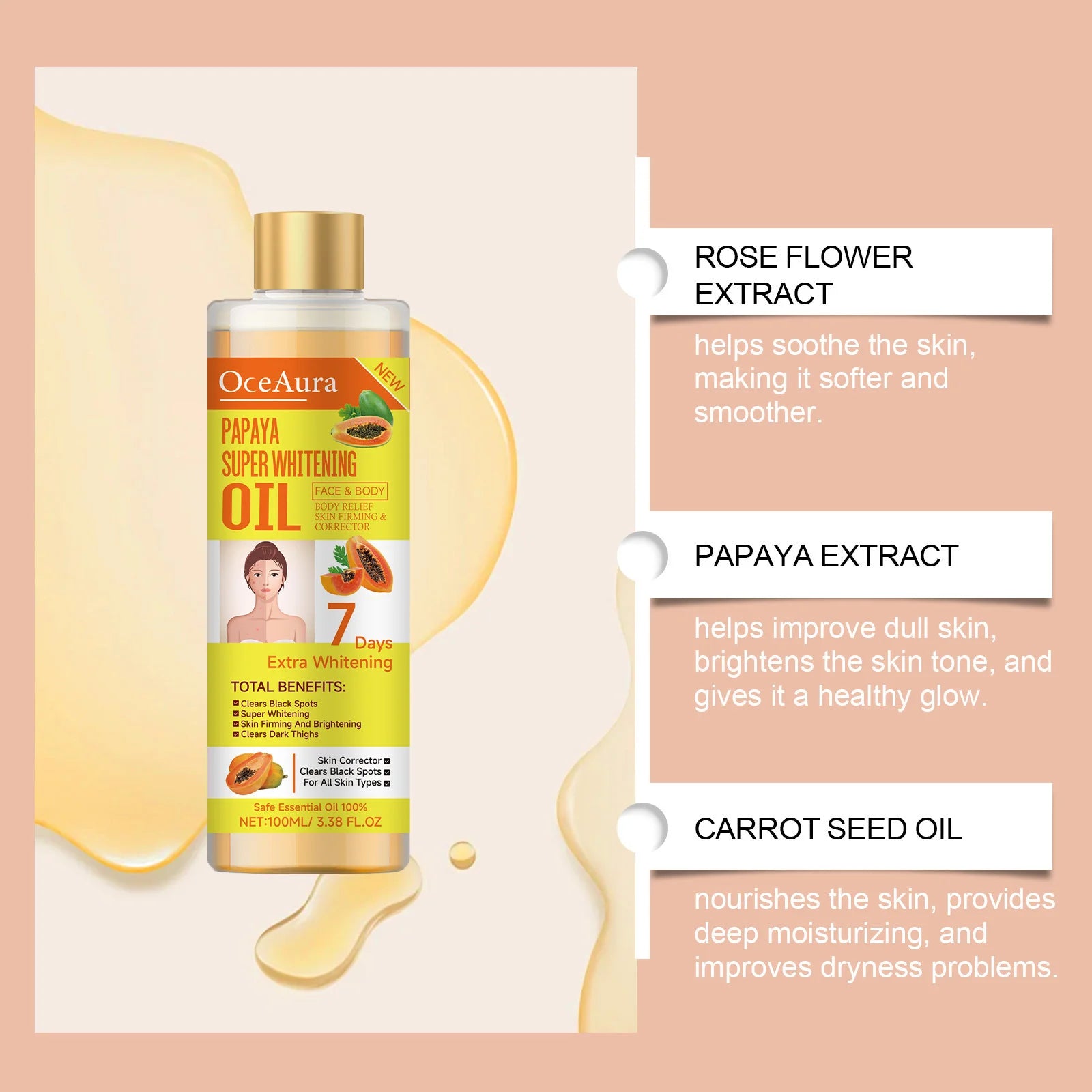 Papaya Face Body Moisturizer Oil Brightening Firming Skin Improve Dullness Anti Sagging Remove Blemish Super Body Whitening Oil Oasis Select
