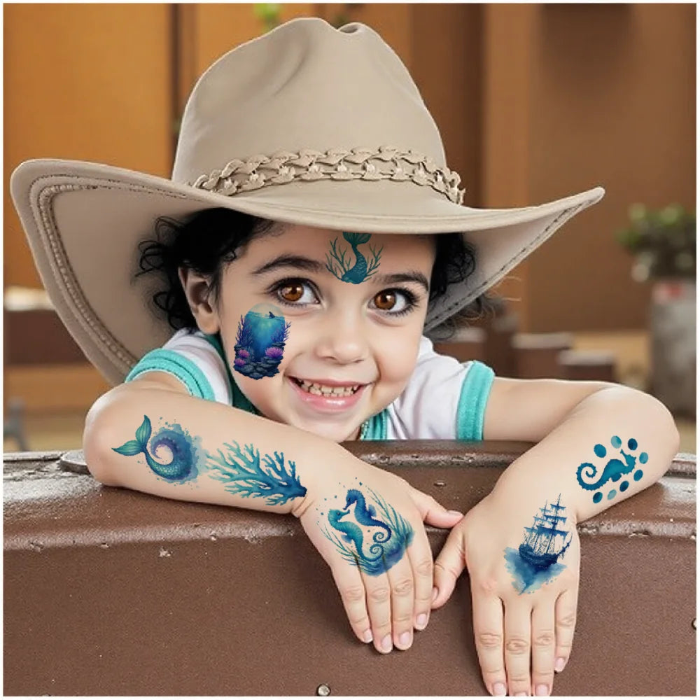 63-Piece Watercolor Ocean Temporary Tattoos – Ships & Seahorses Temporary Tattoo Stickers Oasis Select