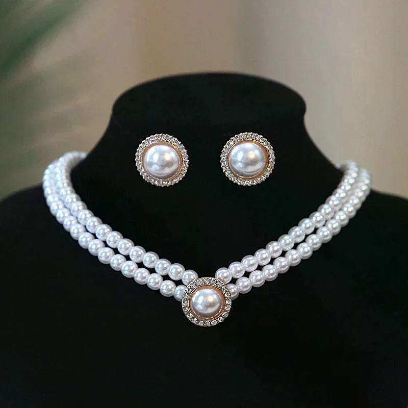 3pcs Fashion Double Layer Pearl Pendant Necklace Earrings Jewelry Set Ladies Banquet Wedding Jewelry Accessories Gift Oasis Select