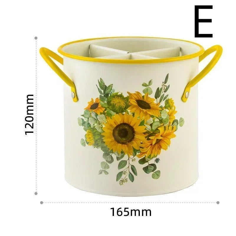 Retro Tableware Storage Bucket Draining Rack with Divider Kitchen Knife and Fork Storage Box Home Decoration for Kitchen Tools Oasis Select E
