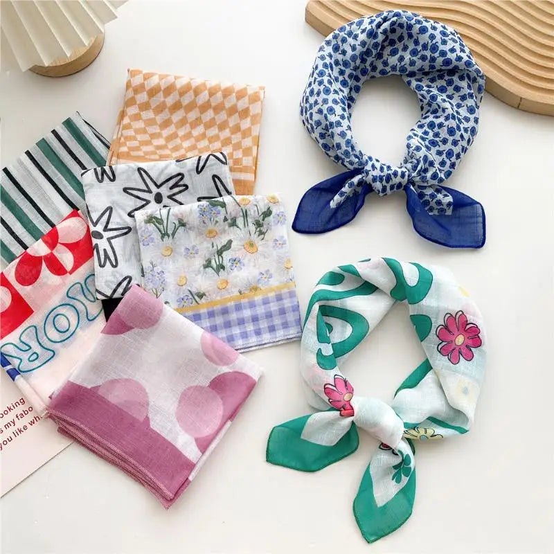58cm Cotton Linen Handkerchief Print Square Neck Scarf Women Small Shawls Hair Scarfs Female Bag Scarves Head Scarf Oasis Select