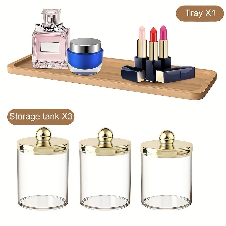 Desk Organizers,Cosmetic storage set comprising three storage boxes and one bamboo tray, suitable for use in the bathroom Oasis Select