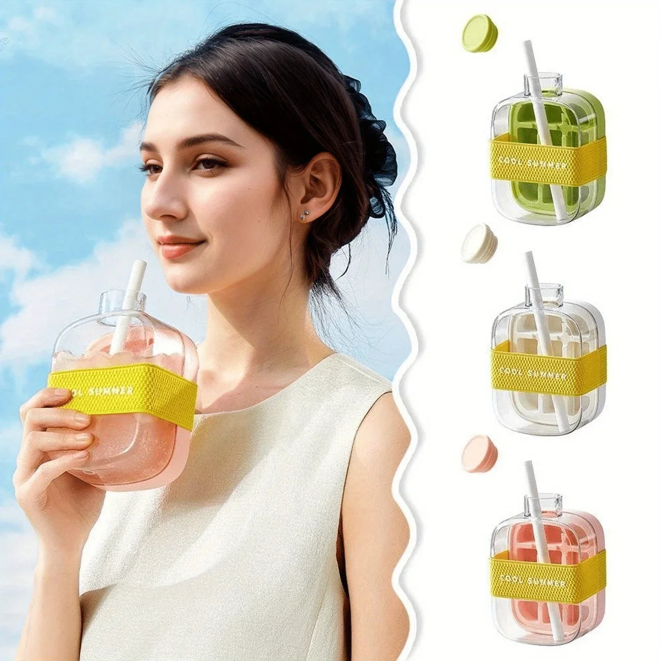500/800ml 2in1 Ice Cube Tray with Water Bottle Press Type Portable Ice Maker High Capacity Ice Mold for Home Kitchen Summer Use Oasis Select