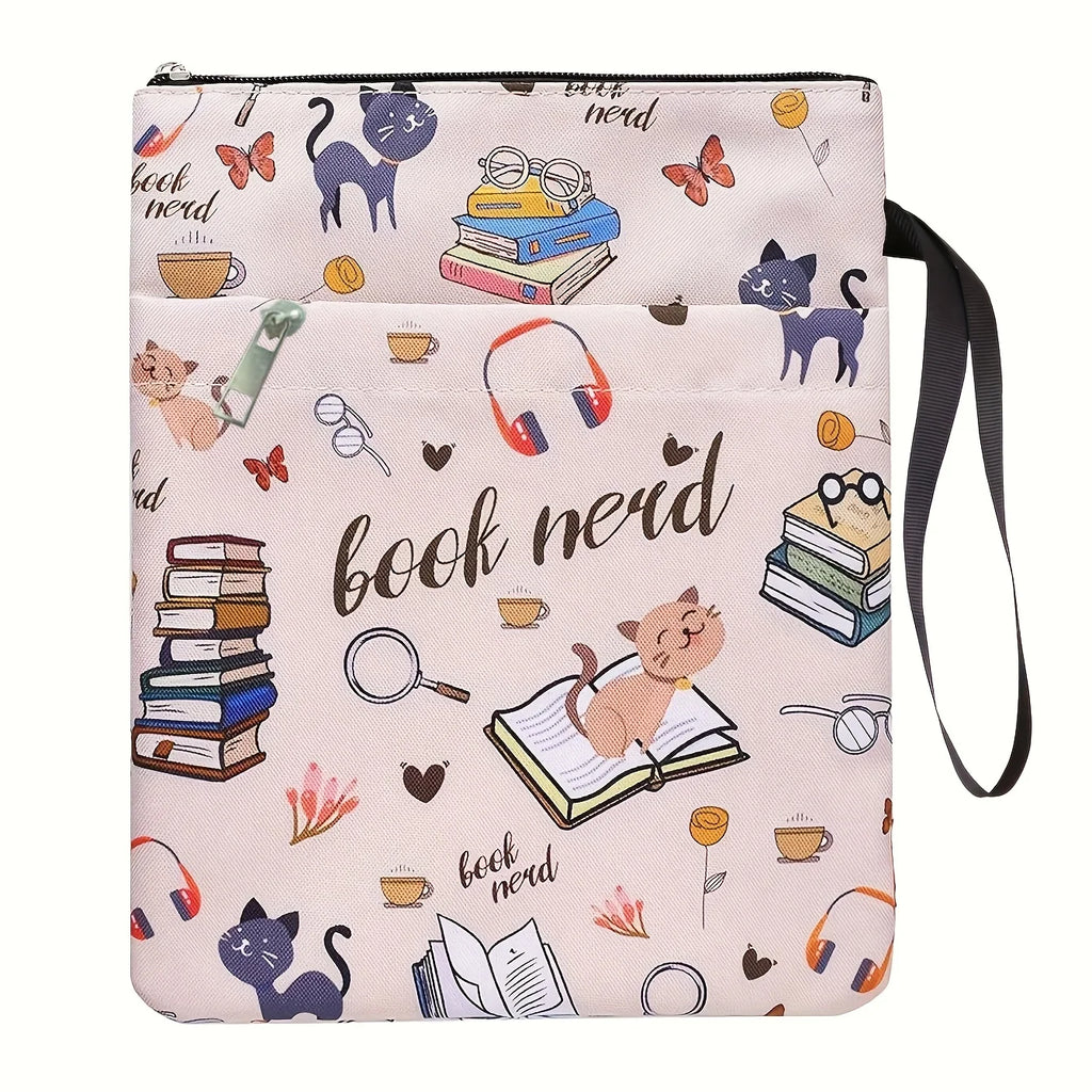 1pc "Book Nerd" Themed Fabric Book Sleeve with Zipper - Durable, Washable Cover for Paperbacks, Featuring Books & Cat Design Oasis Select Storage bag