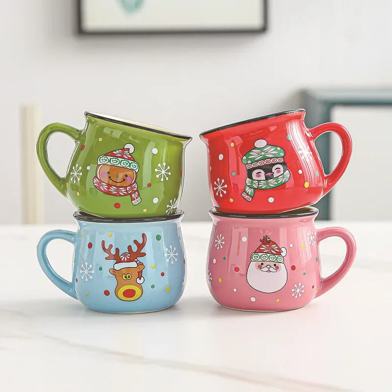 4PCS Ceramic Christmas Cup Cartoon Santa Style Cute Elk Mousse Cup Breakfast Water Drinking Tools Coffee Milk Mug for Household Oasis Select 4pcs Set 150ml