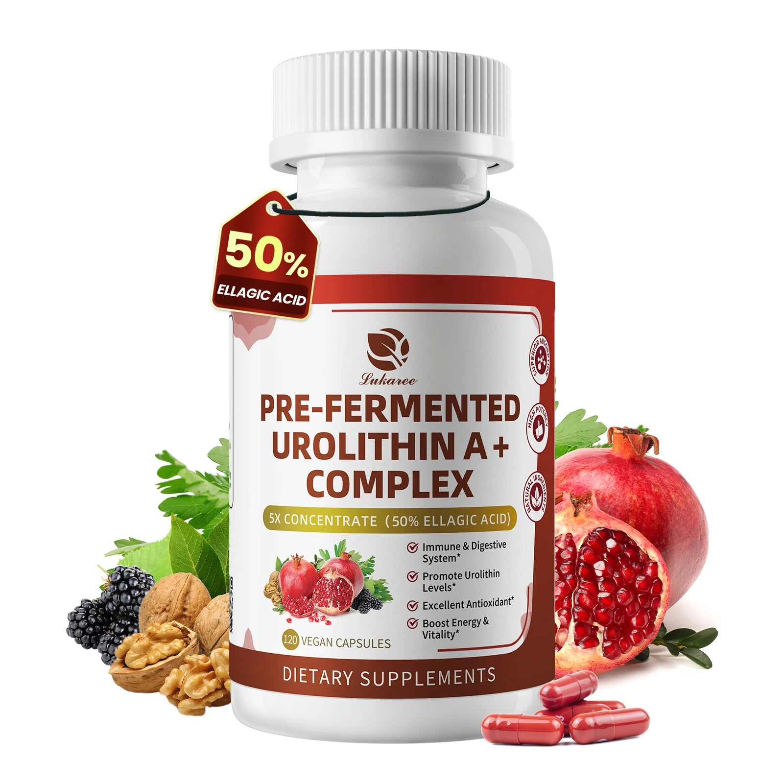 Lukaree Pre-fermentation Urolithin A+Complex Blend Promotes Cellular Repair Enhances Mental Clarity,Digestive Health Support Oasis Select 120pcs 1bottle United States