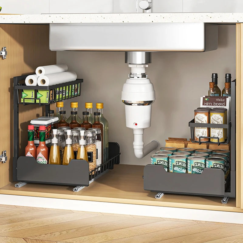 Kitchen Sink Lower Shelf Storage Pull Basket Two-way Guide Rail Bathroom Toilet Cabinet Layered Pull Basket Oasis Select