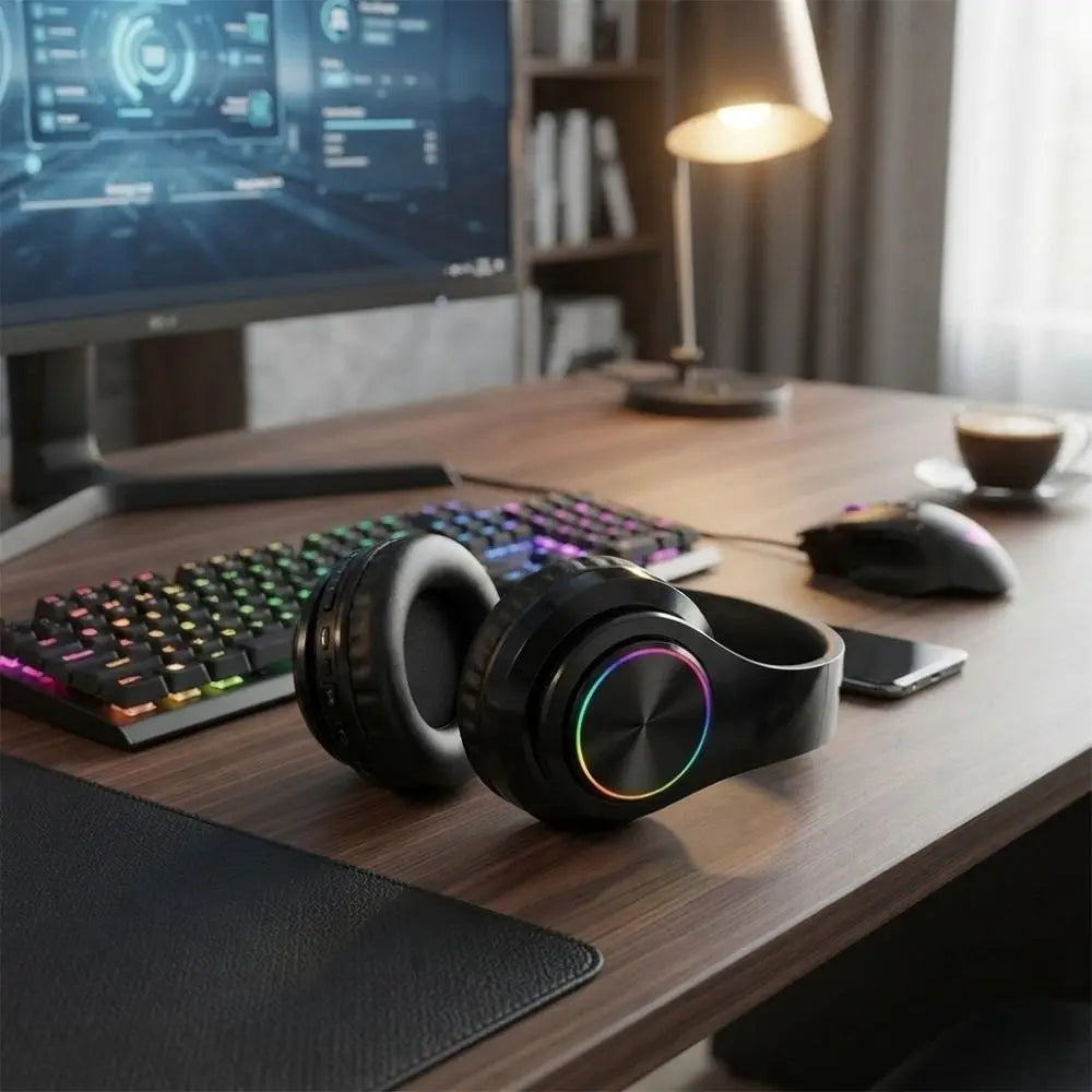RGB Lighting Bluetooth Headphones Stereo Sound With Microphone Over Ear Headphones HIFI Audio With Mic Wireless Headphones Oasis Select