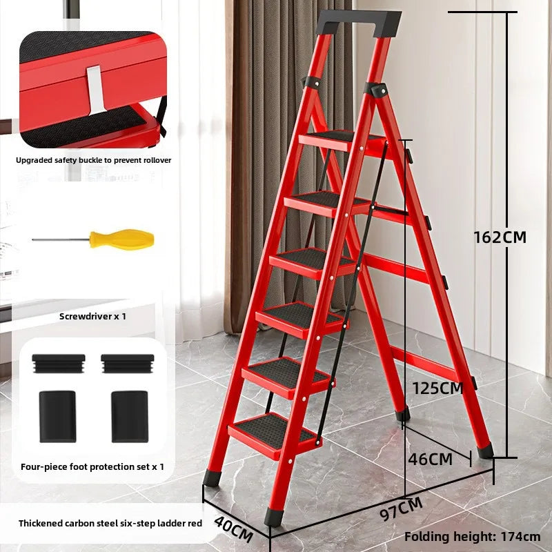 Home ladder stool folding zigzag ladder anti slip pedal ladder indoor and outdoor multifunctional portable ladder Oasis Select Six steps red
