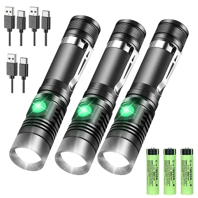 High Power Led Flashlights Zoomable Camping Torch with T6 LED Lamp Beads Waterproof 4 Lighting Modes MultiFunction USB Charger Oasis Select 3Pcs With battery