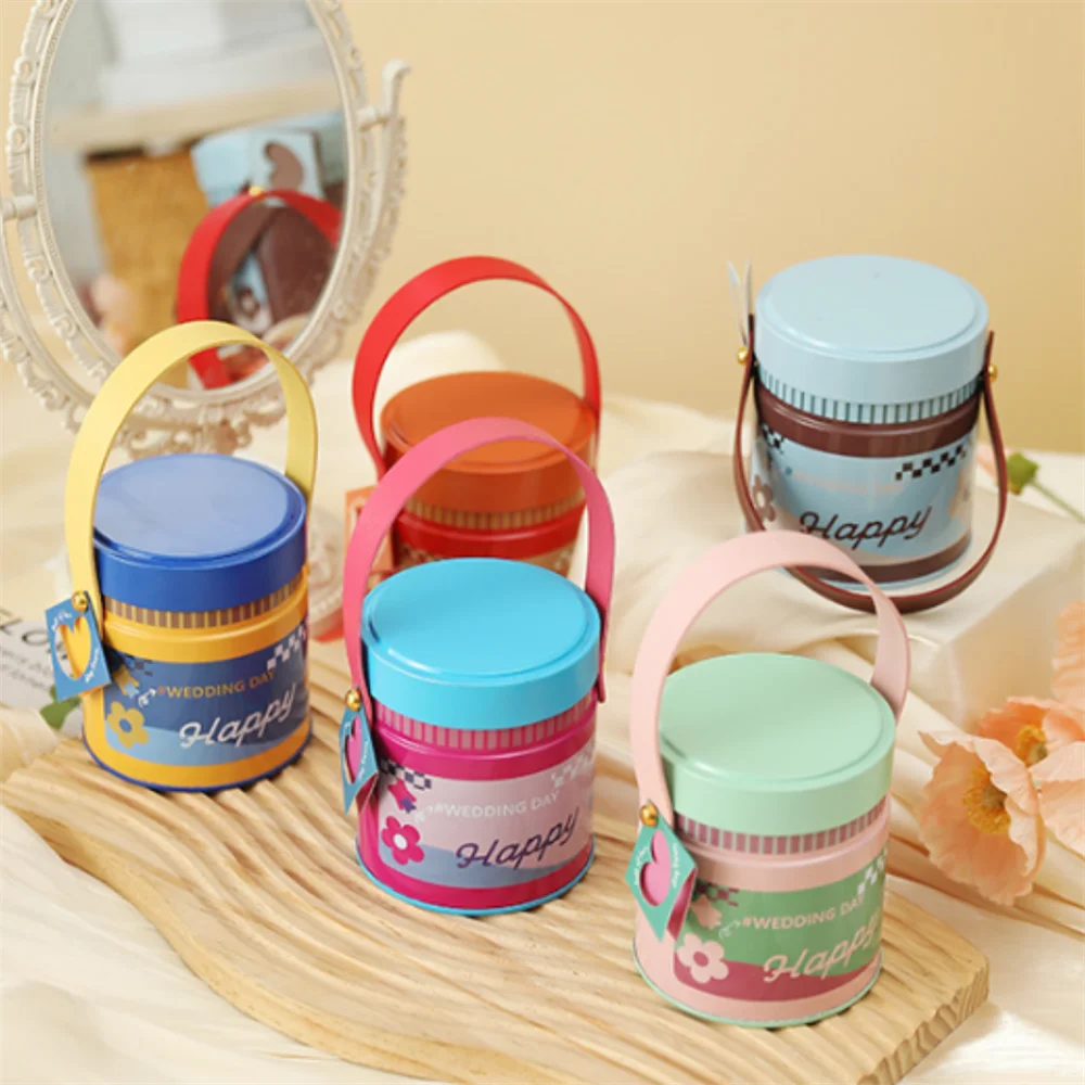 Wedding Tin Candy Box Round Storage Boxes Portable Handle Sugar Coffee Tea Tinplate Organizer Can Children Gifts Packaging Box Oasis Select