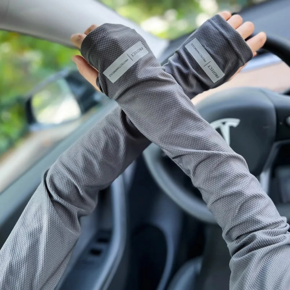 New Ice Silk Arm Sleeves UV Protection Loose Long Arm Glove Non-slip Breathable Sunscreen Sleeves Summer Oasis Select dark gray