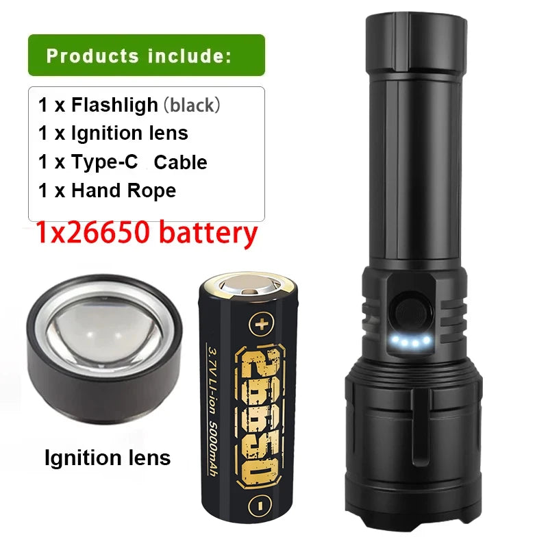 5000MAH Ultra Bright LED Flashlight with Flame Ignition Type-C Rechargeable Tactical Torch Outdoor Camping Adventure Lantern Oasis Select Black-5000MAH