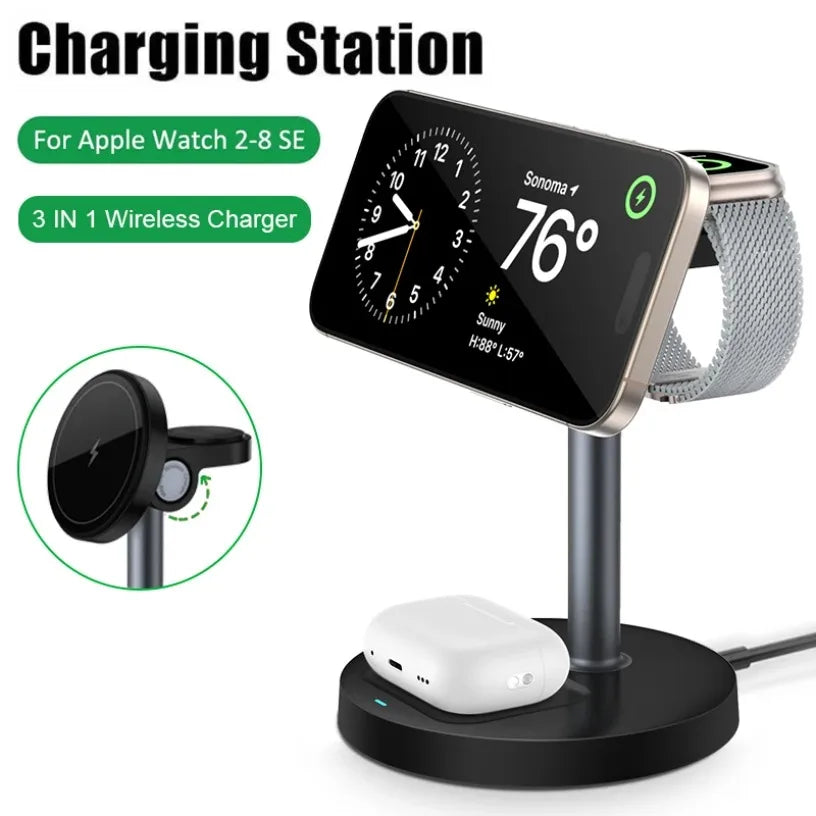 3 in 1 Desktop Magnetic Wireless Charger For iPhone 17 16 15 14 13 12 Pro Max Samsung Huawei xiaomi for Apple Watch AirPods Pro Oasis Select