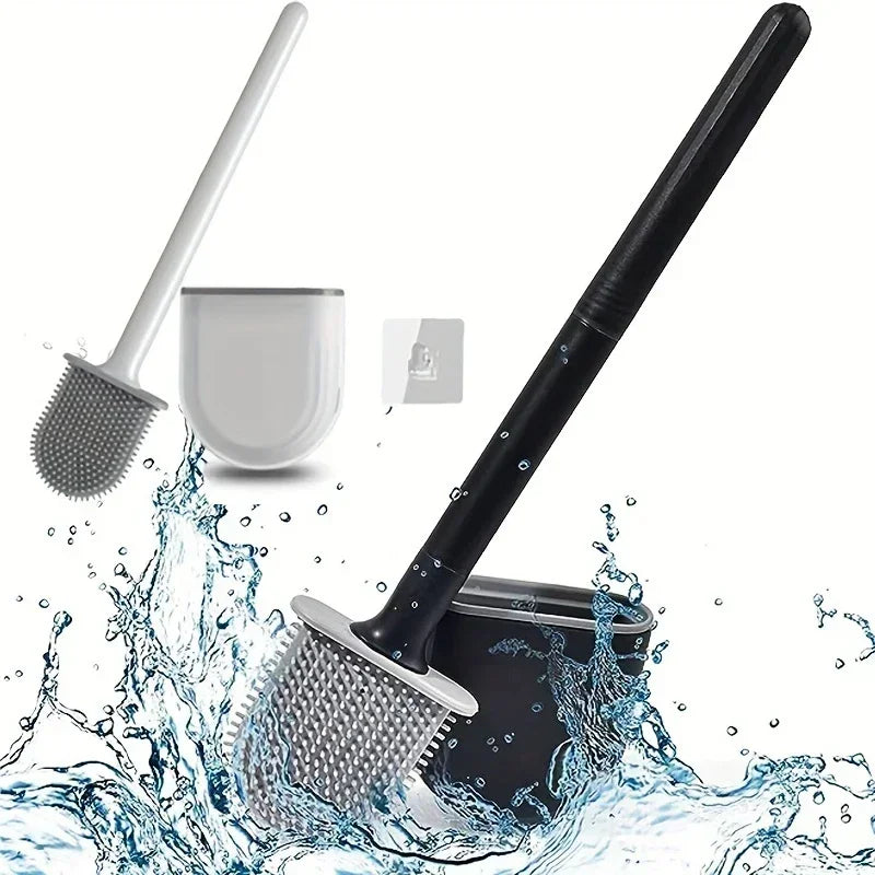 Silicone Toilet Brush Cleaning Brush Flat Head Flexible Wall Mounted Black Toilet Bowl Cleaner Brush Holder Set for WC Bathroom Oasis Select