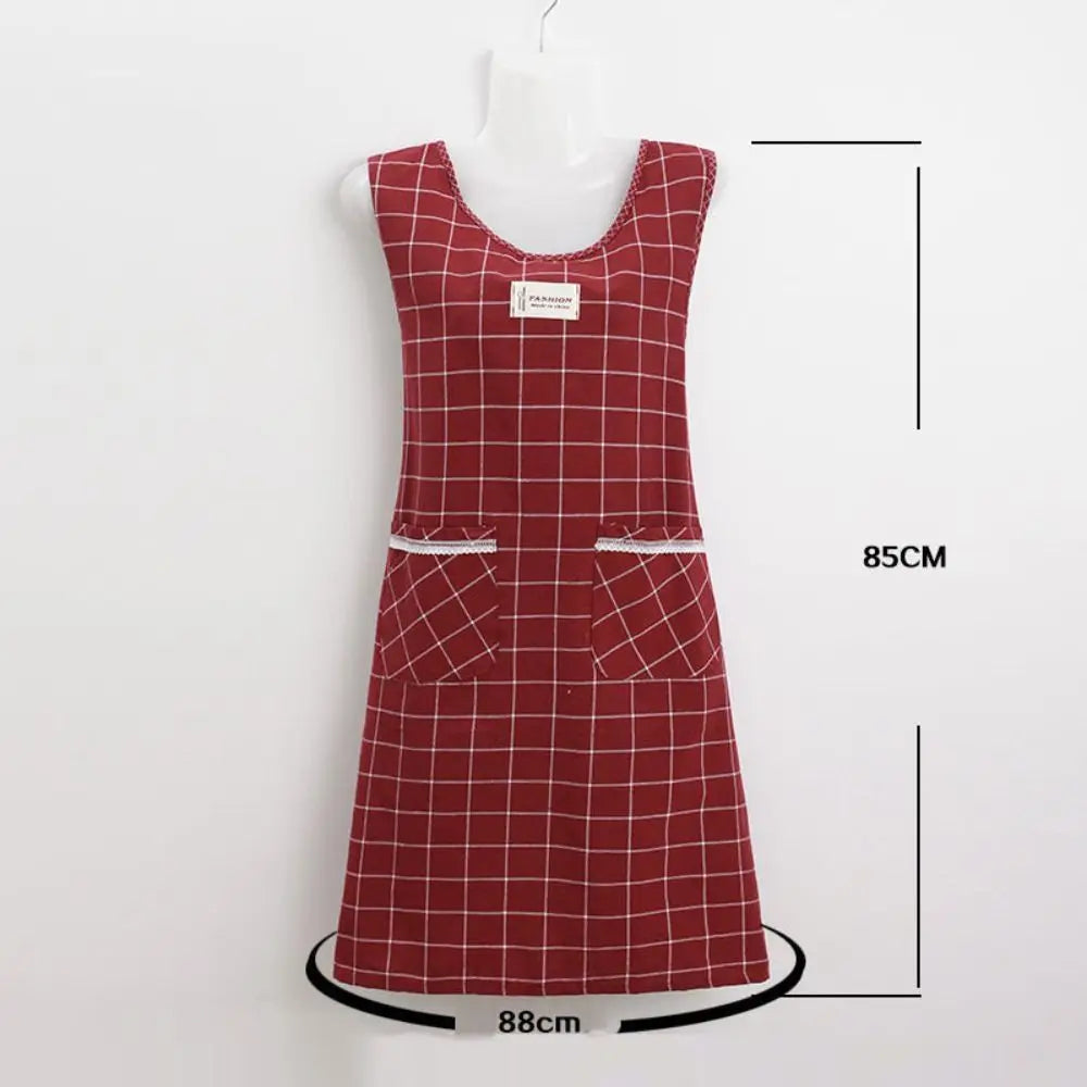 Women's Plaid Cotton Sleeveless Apron – Oil-Proof, Large Pocket