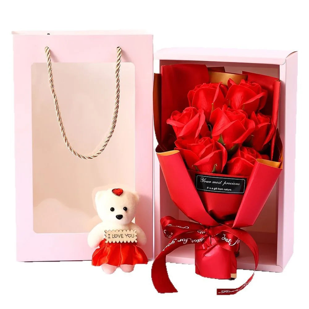 Romantic Fake Rose Bouquet in Gift Box with Cute Teddy Bear Premium Soap Flower Arrangement Perfect Gift for Valentine's Day Oasis Select