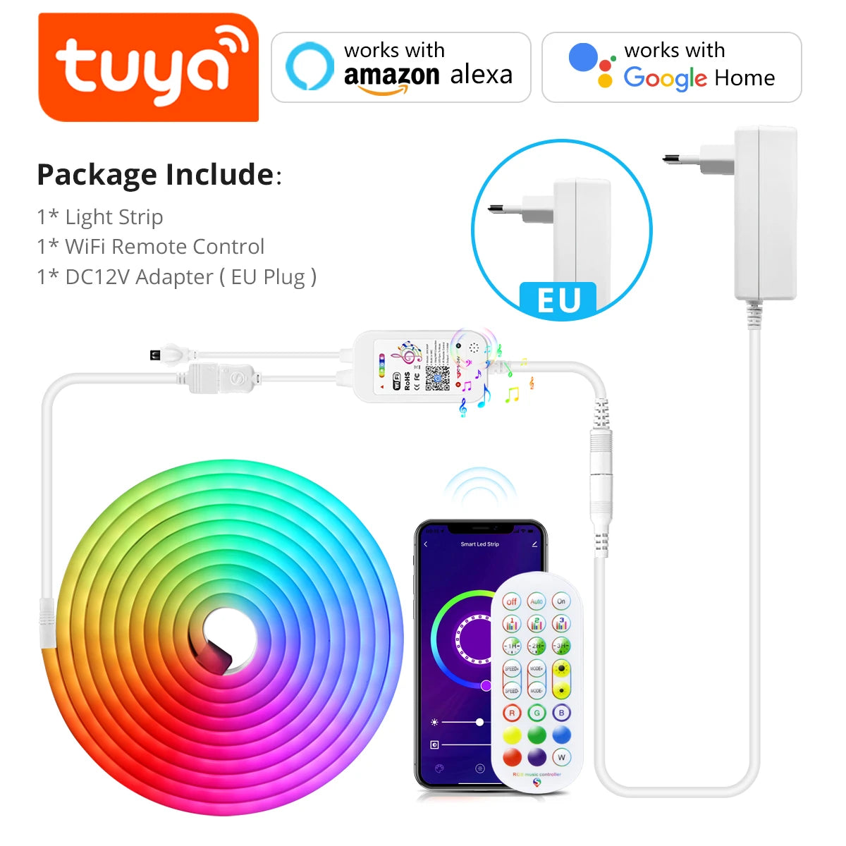 1-5M RGB/White/Warm LED Strip Neon Lights Smart WiFi Music Sync,Coloful Mood Light Tape for Game Room for Tuya APP Alexa Voice Oasis Select RGB EU Plug Set 1m