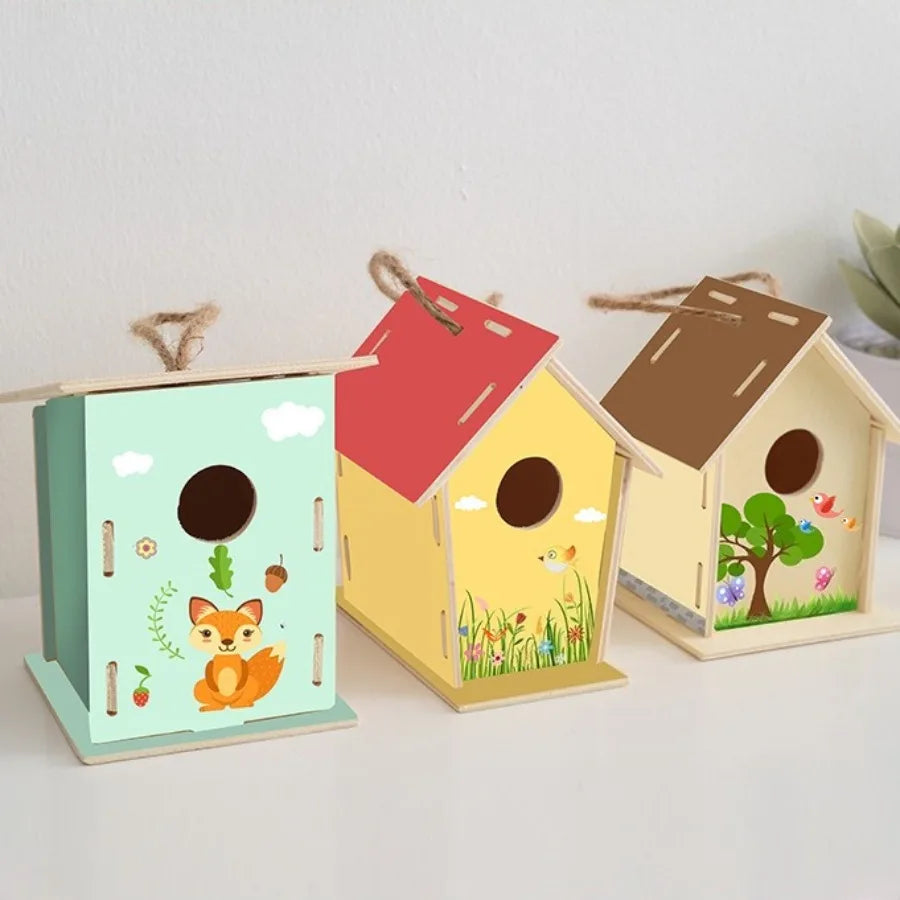 Wooden Mini Miniature Doll House DIY Small House Kit Accessory Pet Supplies Hanging Birdhouse Hideouts for Outside Balcony Oasis Select