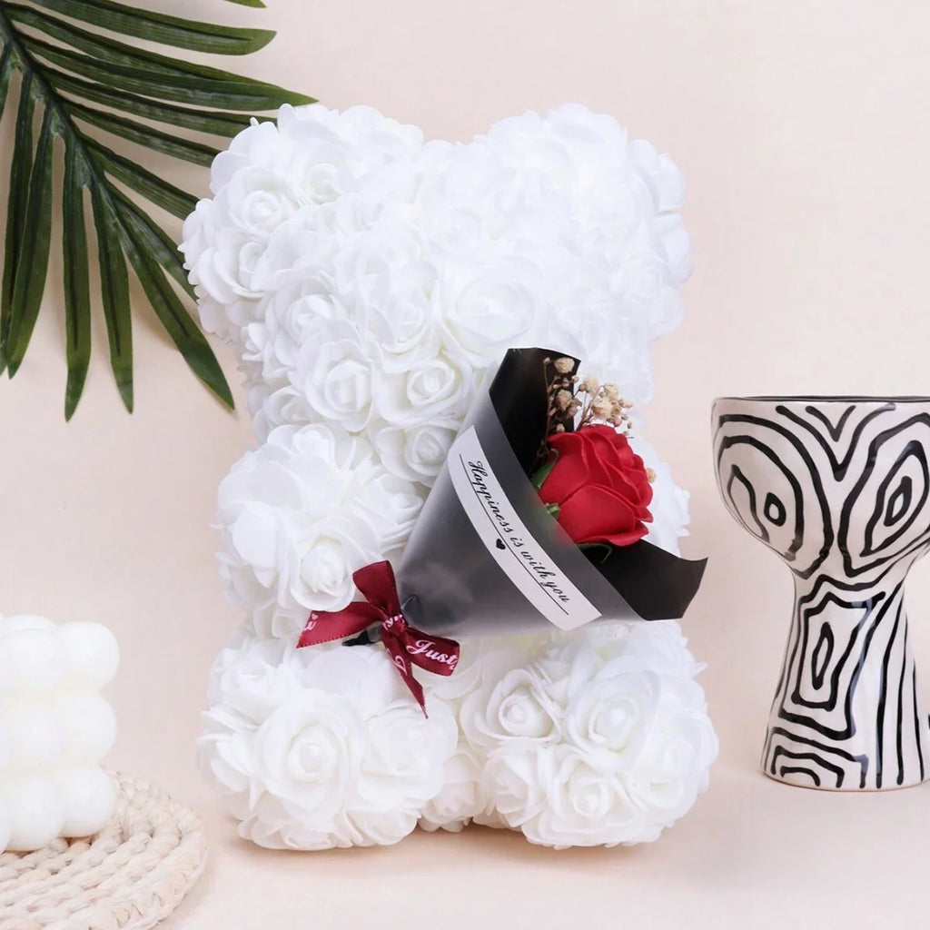 Foam rose teddy bear carry bouquet. Ideal for weddings, Mother's Day, thank you to nurses/teachers or other celebrations! Oasis Select WHITE