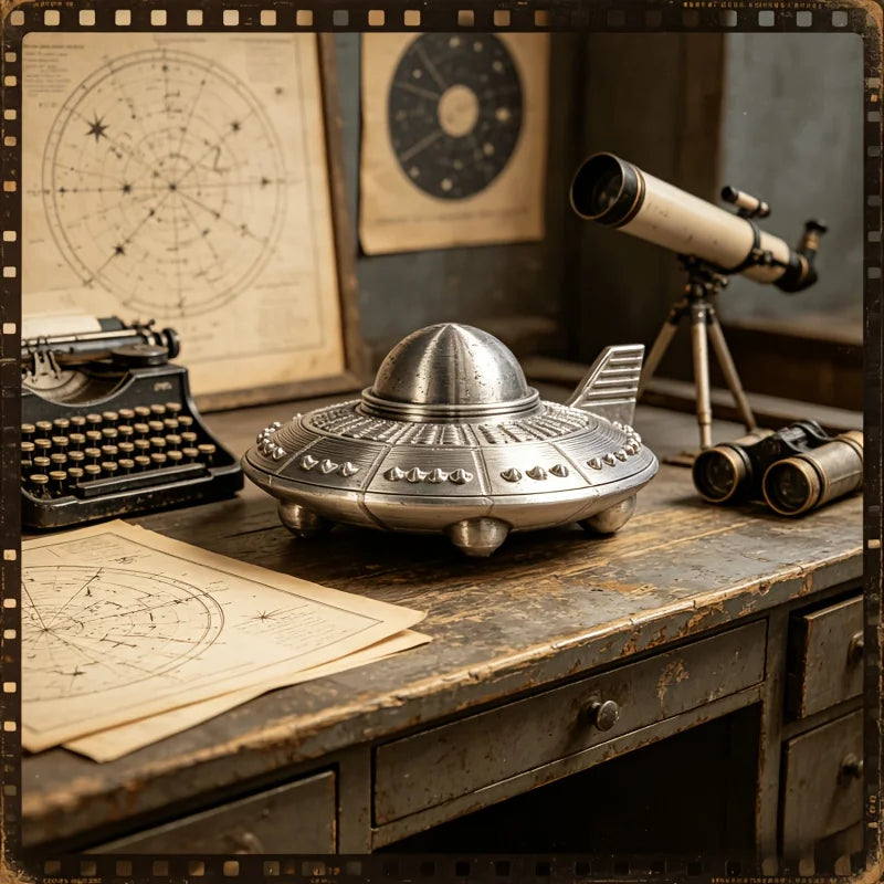 Retro Metal Style UFO Figurines 3D Printed Sci-Fi Alien Spaceship Desk Ornaments for Space Enthusiasts Home Office Bedroom Decor Oasis Select
