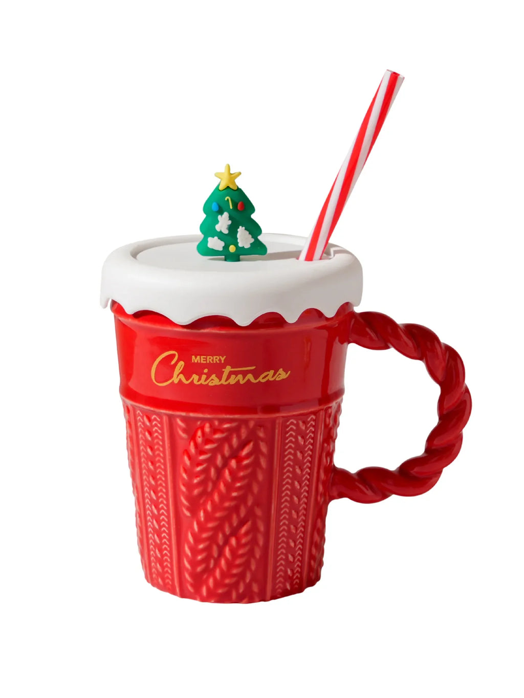 Creative Christmas Mug Christmas Tree Ceramic Water Mug High Appearance Level Sweater with Covered Straw Ceramic Couple Cup Oasis Select Red 401-500ml