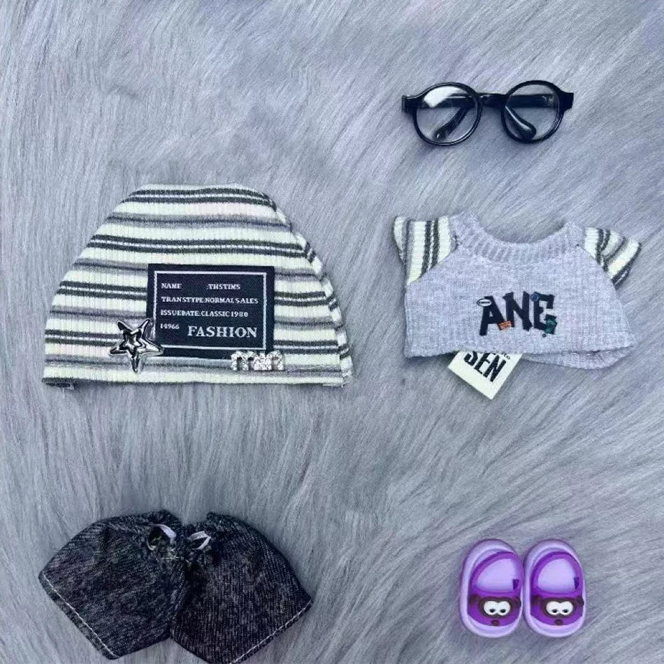 For Labubu 15-17cm Cloth Korean Grey Star Hat Suit Pull Bubu Baby Clothes 123rd Generation High-energy Hope Vinyl Doll Clothes Oasis Select C-5pcs no doll