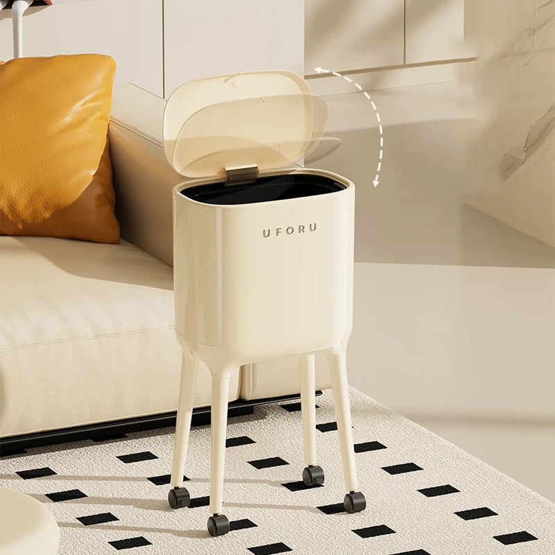 No-Bend High-Leg Trash Can with Press-to-Open Lid - Large Capacity Oval Kitchen & Living Room Bin, Durable Plastic Oasis Select