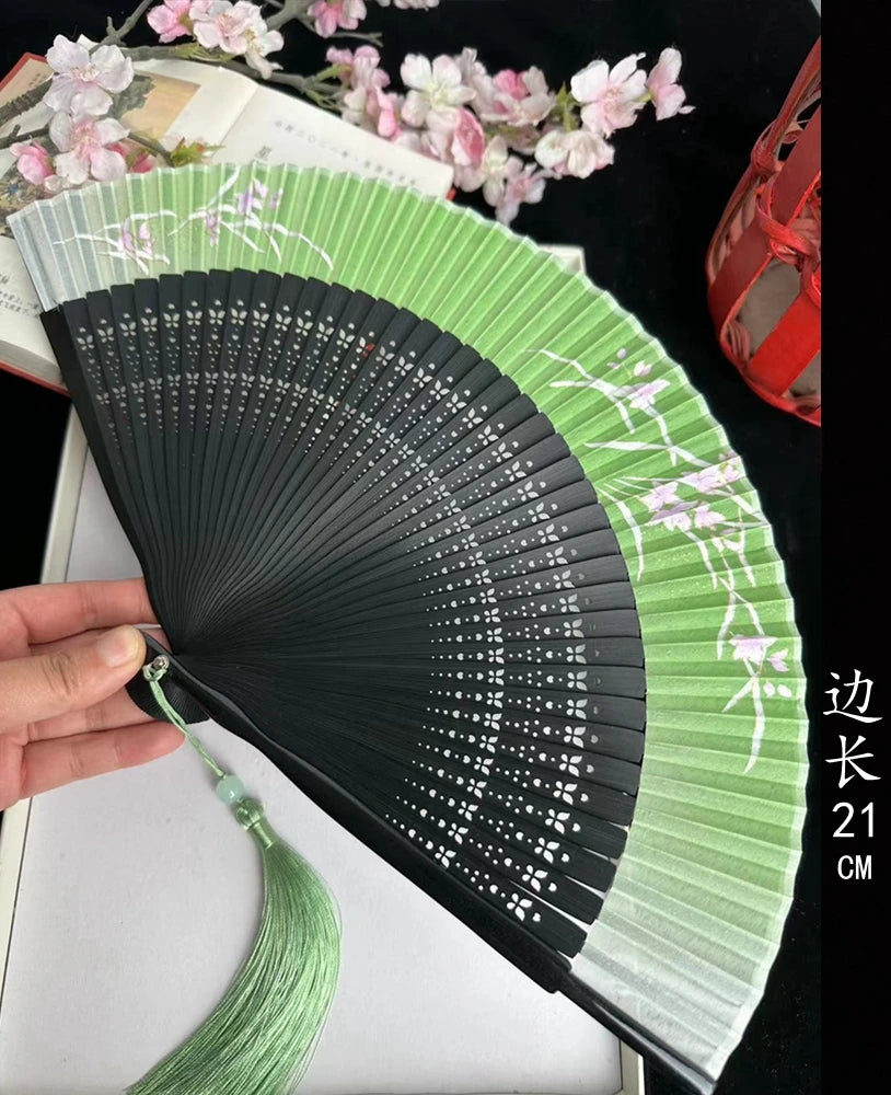 Antique Retro Portable Green Folding Fan Women's Portable Hanfu Cheongsam Folding Small Classical Dance Fan Chinese Fan Oasis Select 8