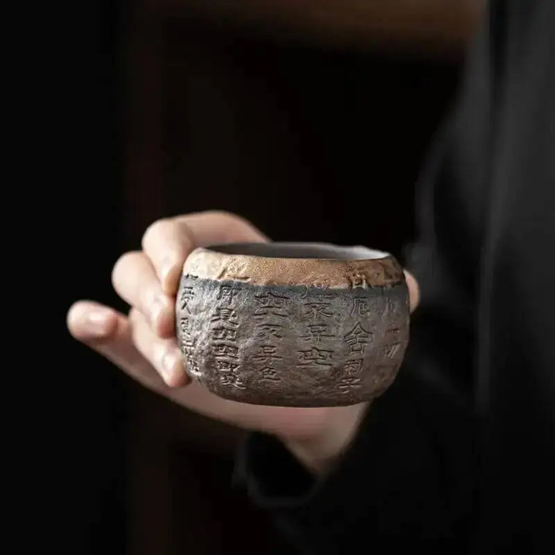 Coarse Pottery Relief Heart Sutra Cup Gilded Iron Glaze Large Master Teacup Ceramic Personal Cup Tea Oasis Select