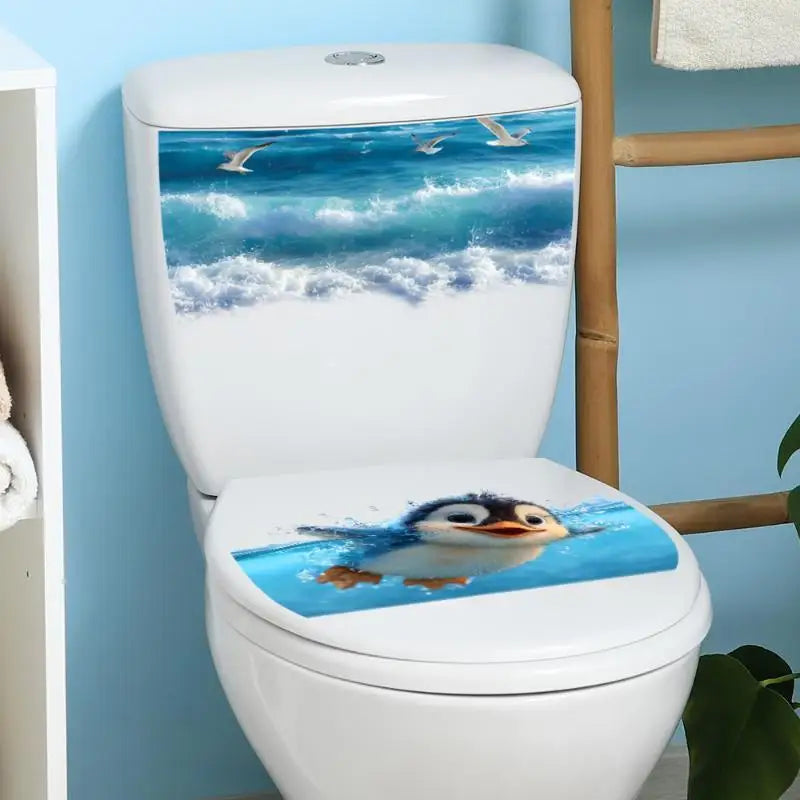 Waterproof Toilet Sticker Adorable Cartoon Penguin Seagull Underwater Print DIY Decal for Bathroom Toilet Lid Decor Oasis Select