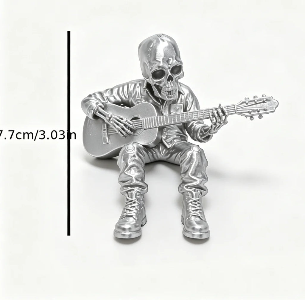 Rock Music Skeleton Guitar Player Statuettes Ornaments Rock Musician Ornaments Cool Home Desk Decor for Rock & Roll Lovers Gifts Oasis Select Guitar Skull Silver
