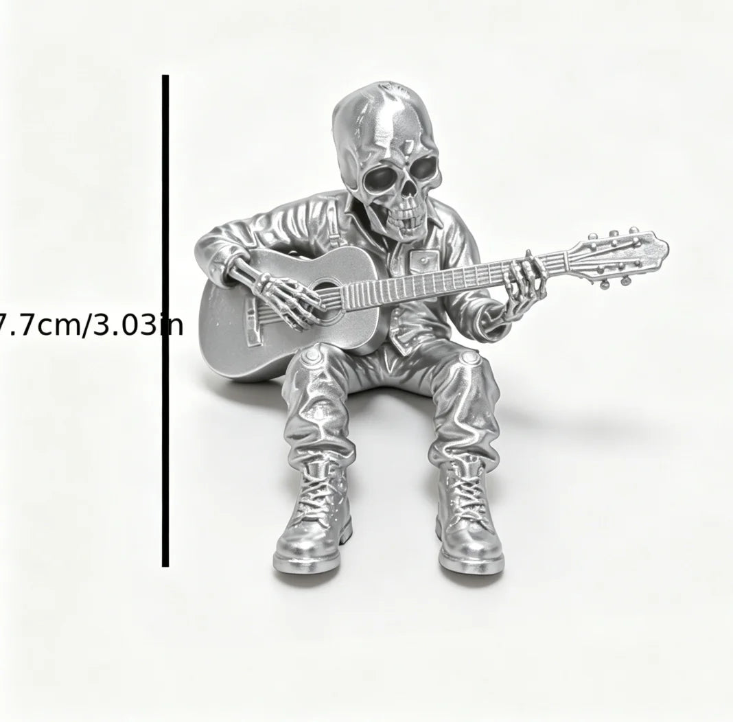 Rock Music Skeleton Guitar Player Statuettes Ornaments Rock Musician Ornaments Cool Home Desk Decor for Rock & Roll Lovers Gifts Oasis Select Guitar Skull Silver
