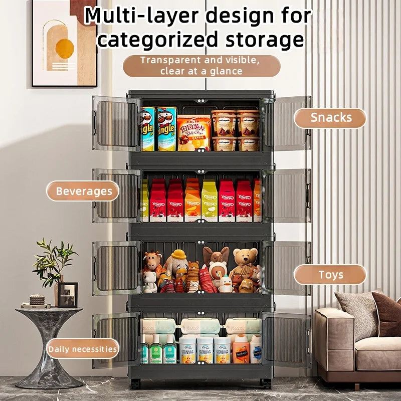 Foldable Clear Double-Door Storage Cabinet Large Space-Saving Mobile Organizer Dustproof Moisture-Proof for Kitchen Living Room Oasis Select