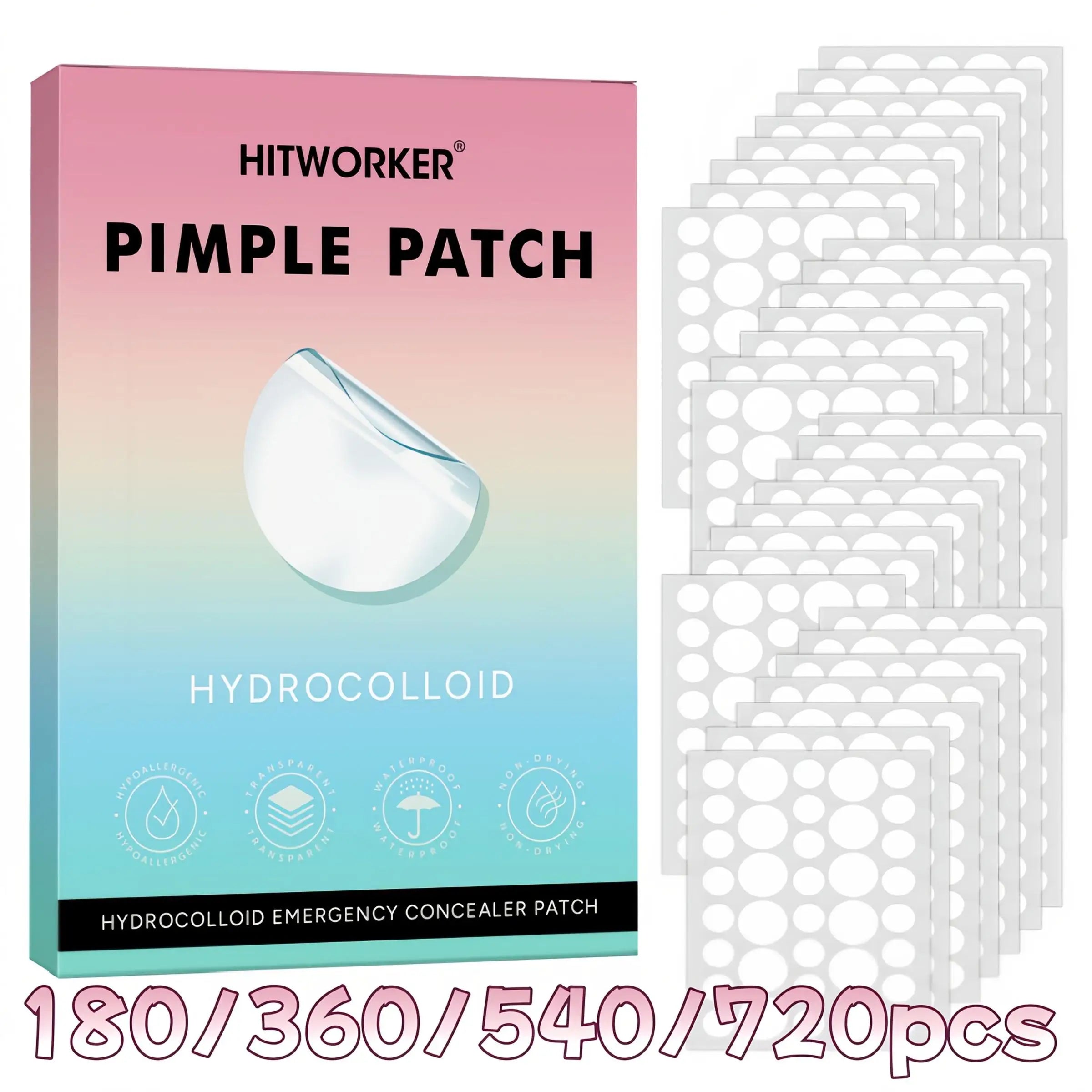 180/360/540/720pcs Hitworker Acne Patches, Hydrogel Cover, Cute Design, Suitable for All Light Skin Tones, Daily Use & Photo Pro Oasis Select