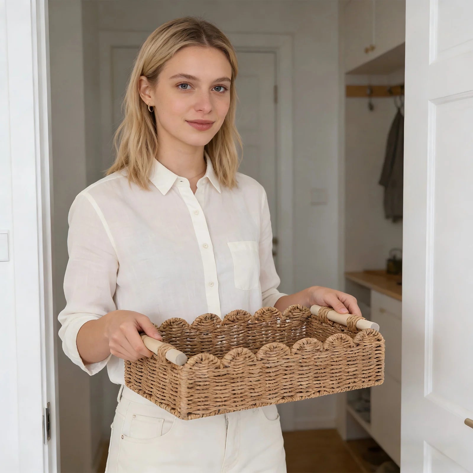 Scalloped Paper Rope Storage Basket with Wooden Handles Woven Storage Basket Oasis Select