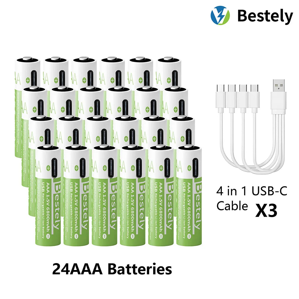 AAA Battery Rechargeable 2000+ Cycles 1.5V 6800mAh Li-ion Type-C Charging Triple Safety Long-Lasting Power Batteries Oasis Select 24 pcs AAA Batteries