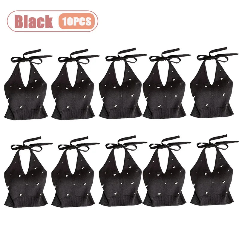 1-10PCS Beaded Halter Top for Women Sexy Backless Sleeveless Knit Cami Slim Fit Layering Outwear Summer Clothes Oasis Select Black-10PCS One Size