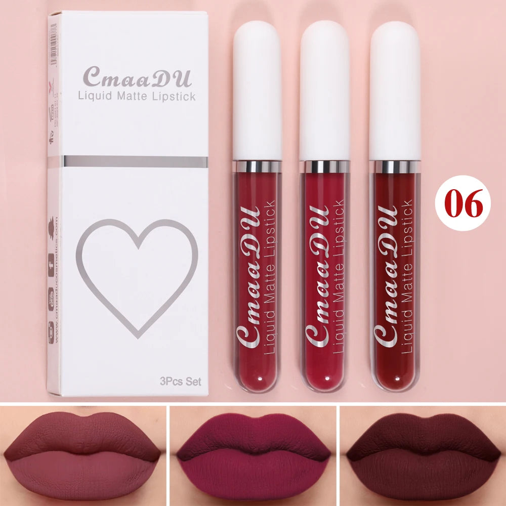 3 Pcs Matte Lipstick Lip Gloss Sets Long-Lasting Non-Fading Waterproof Non-stick Cup Exquisite Gift Everyday Holiday Universal Oasis Select 06