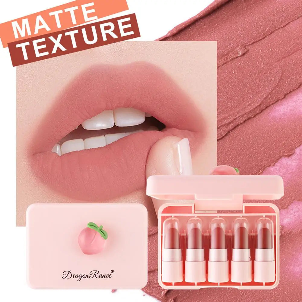 5Pcs Peach Lipstick Lip Tint Set Cute Matte Lipsticks Waterproof Long-lasting Non Stick Cup Mini Lip Gloss Lipstick Makeup Gift Oasis Select