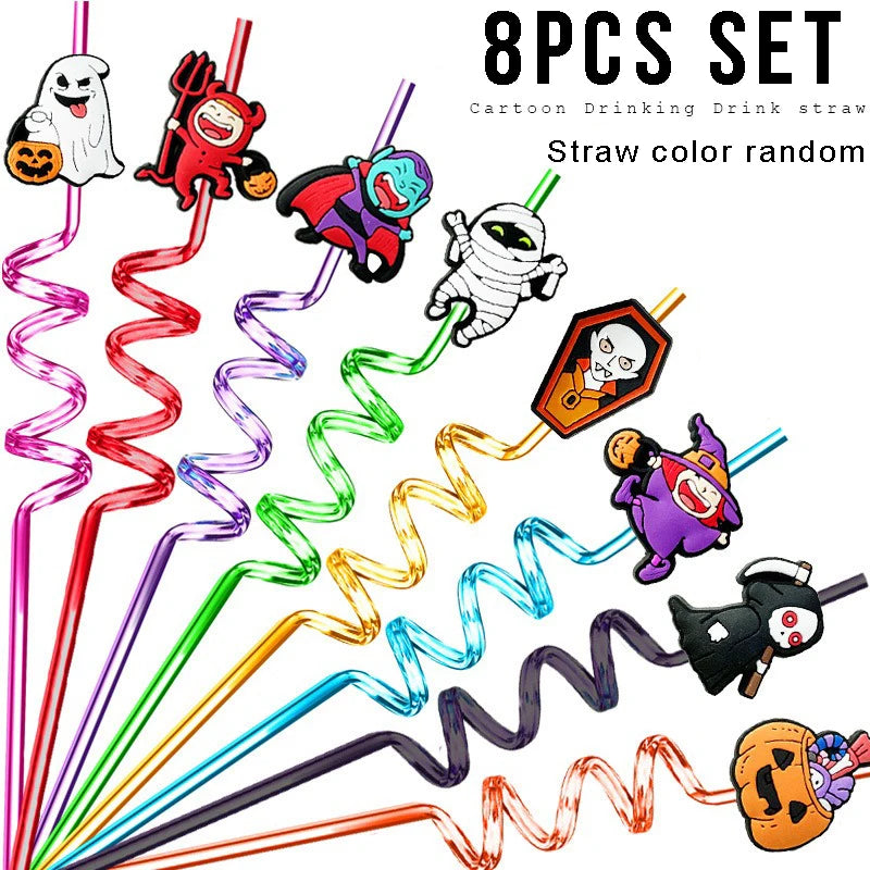 8pcs 27cm Plastic Halloween Straw Reusable Miner Plastic Spiral Drinking Straws Kids Birthday Party Decorations Juice Straws Oasis Select 8pcs