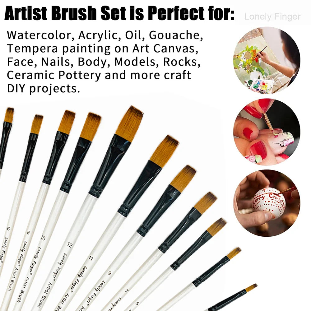 Flat Paint Brushes Set, 12Pcs Nylon Paintbrushes for Acrylic Watercolor Oil Gouache, Craft Detail Face Body Painting Artist , Pa Oasis Select