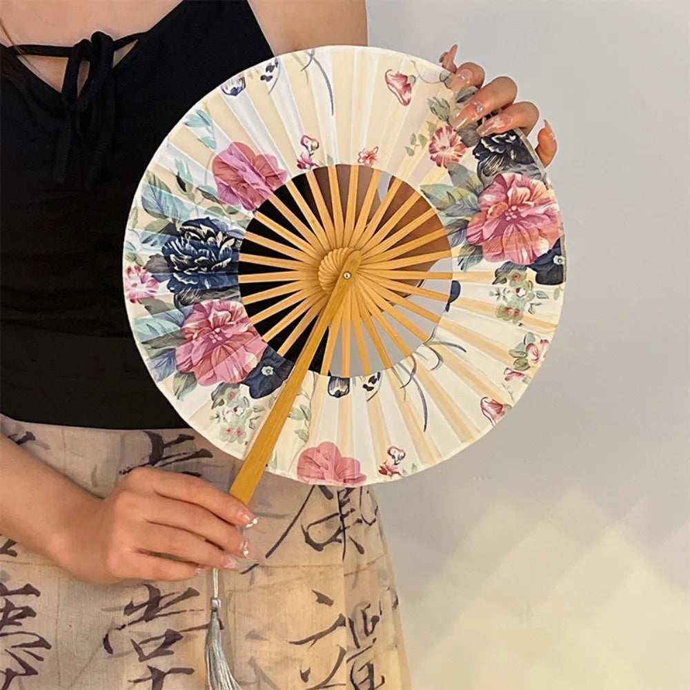 Chinese Style Hand Fold Fan Silk Bamboo Silk Flower Folding Fan Dance Props Tassel Elegent Retro Classical Dance Fan Oasis Select 2