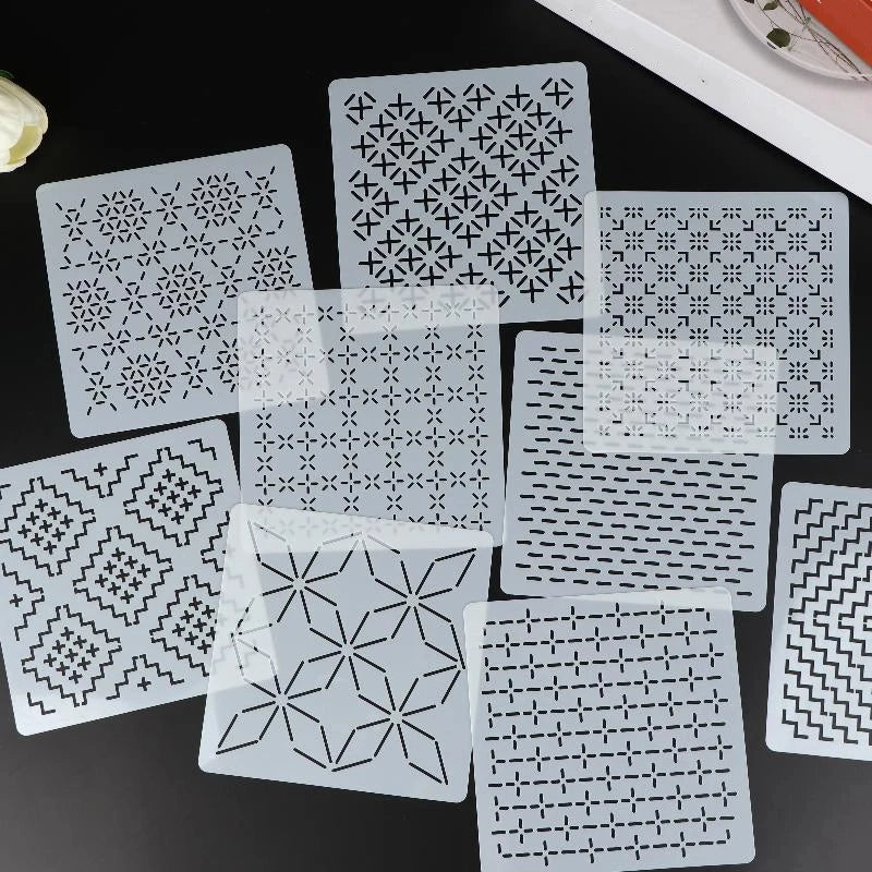 9/32Pcs Sashiko Embroidery Template DIY Geometric Patchwork Stencil Reusable PET Stencil Handmade Embroidery Handicraft Tools Oasis Select
