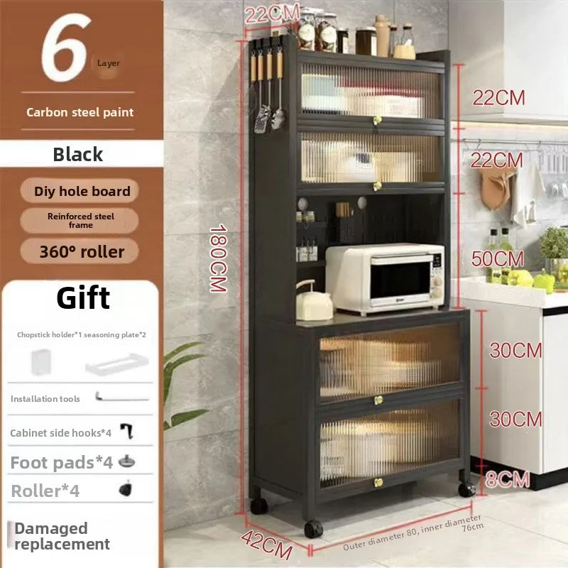 Kitchen Locker Carbon Steel Shelf with Door Household Side Cabinet Microwave Oven Storage Cabinet Cross-border Oasis Select Sixth floor 80 gray